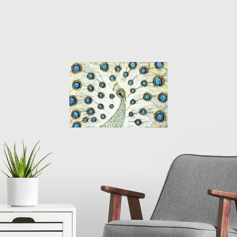 A modern room featuring White Peacock with blue and gold circular markings on its feathers in an impressionist style.