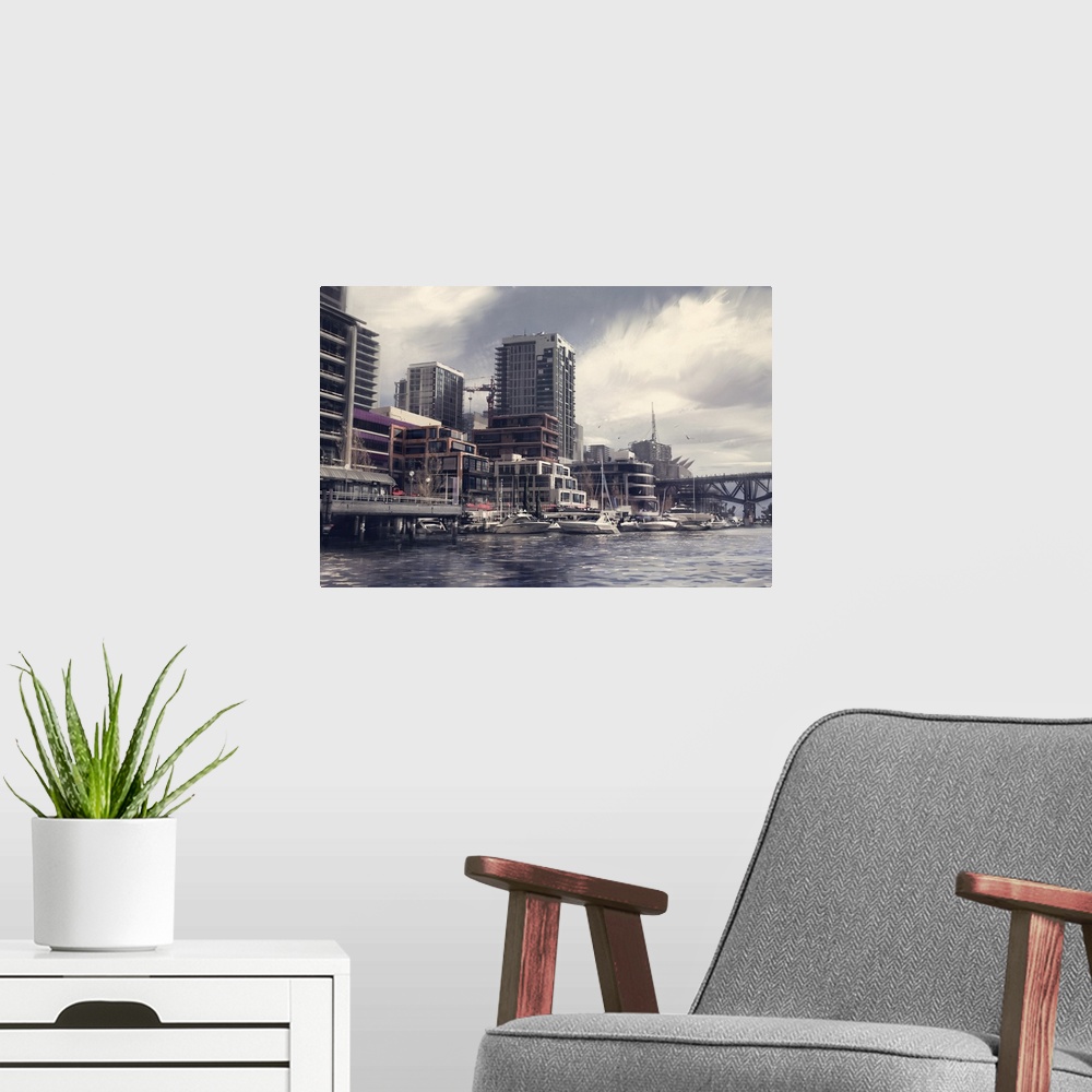 A modern room featuring Painting of waterfront city inspired by Vancouver, BC.
