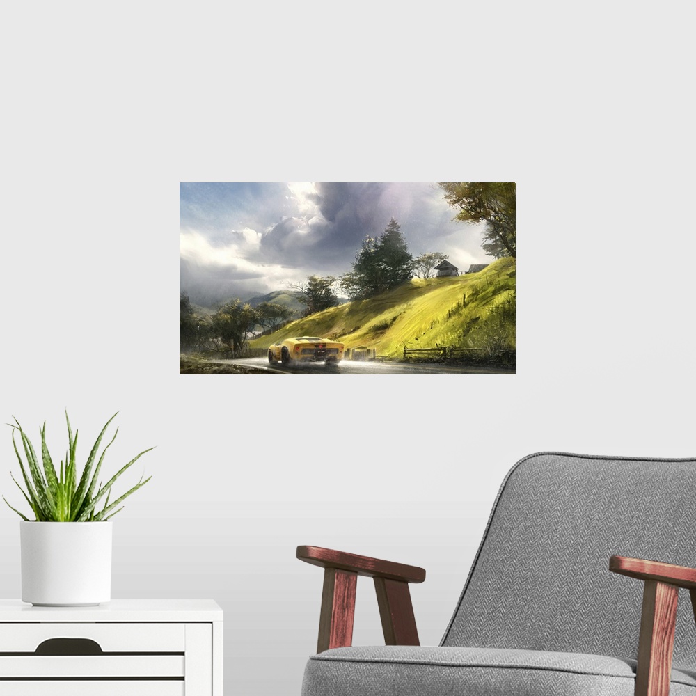 A modern room featuring Painting of car road trip through the countryside.