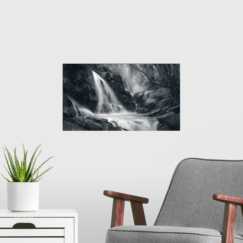 A modern room featuring Monochrome painting of waterfall scene in forest.