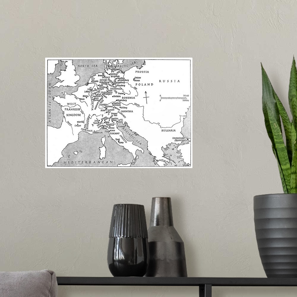 A modern room featuring Map Of Europe. A Map Of Europe At the Time Of Emperor Charlemagne's Reign, 768-814.