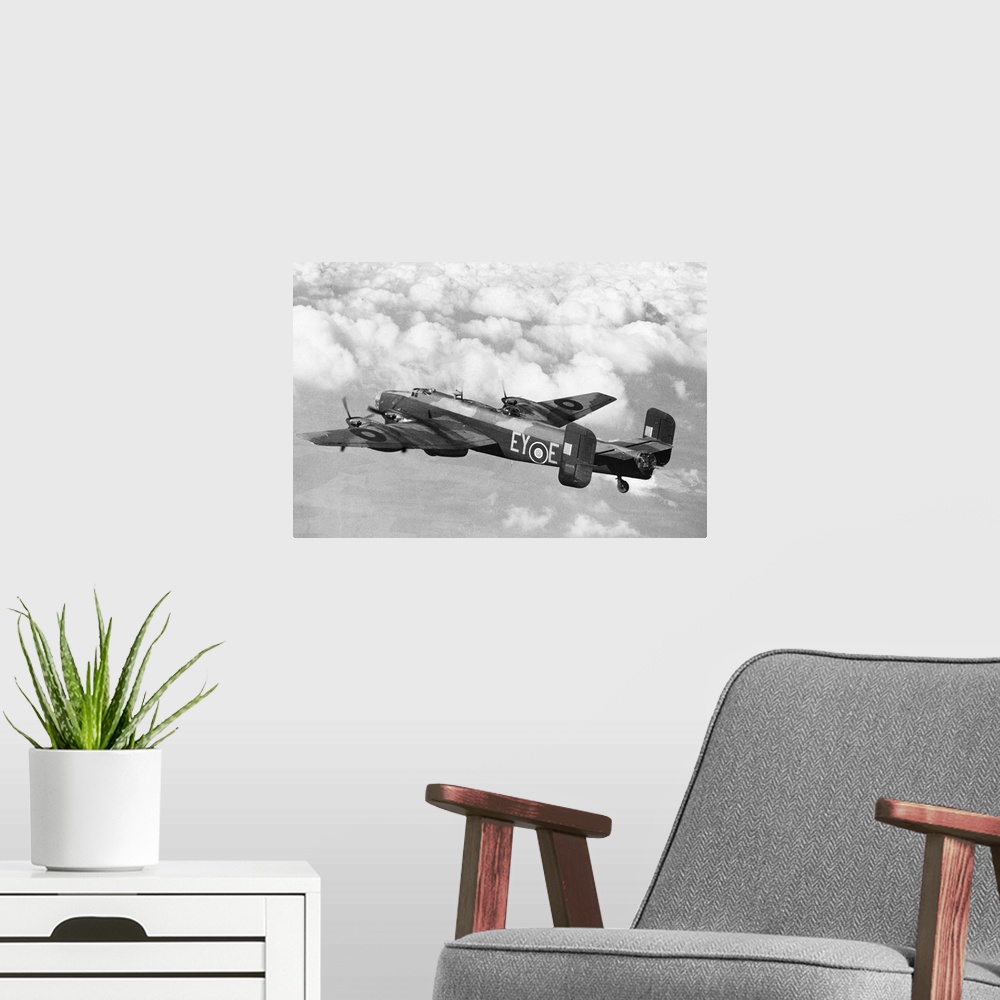 A modern room featuring The Handley Page Halifax Mark II heavy bomber of the British Royal Air Force during World War II....
