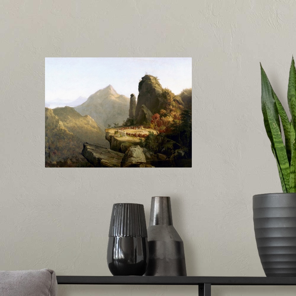A modern room featuring Cole, Last Of the Mohicans. Scene From 'The Last Of the Mohicans.' Oil On Canvas By Thomas Cole, ...