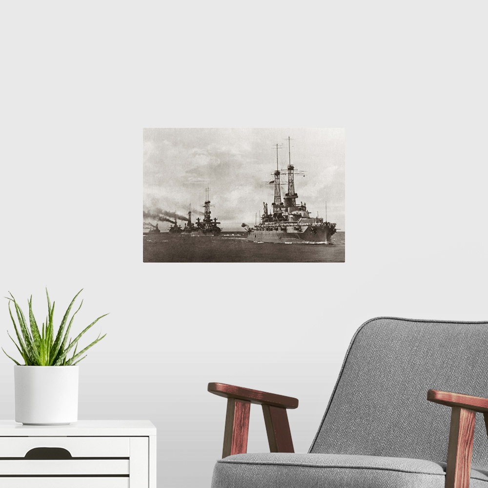 A modern room featuring Fleet of U.S. Navy dreadnought battleships during World War I. Photographed in the Atlantic Ocean...
