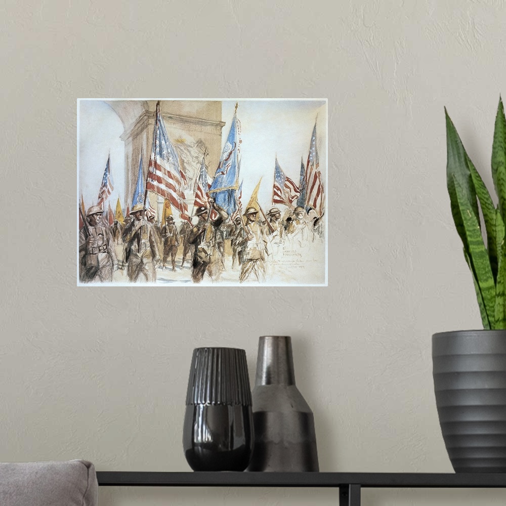 A modern room featuring French and American troops marching near the Arc de Triomphe in Paris, on Bastille Day, 14 July 1...