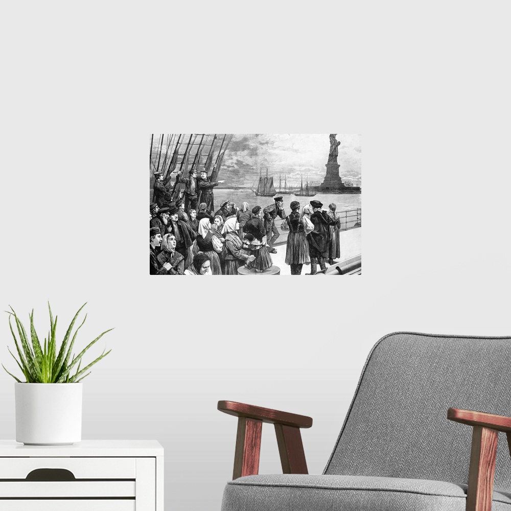 A modern room featuring Immigrants on the steerage deck of an ocean steamer passing the Statue of Liberty in New York Har...