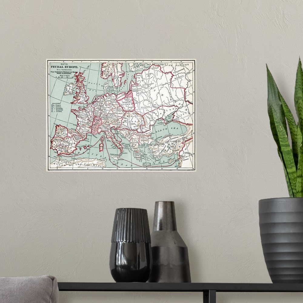 A modern room featuring Map Of Europe, 12th Century. A 19th Century Map Of Europe As It Was Politically Constituted In th...