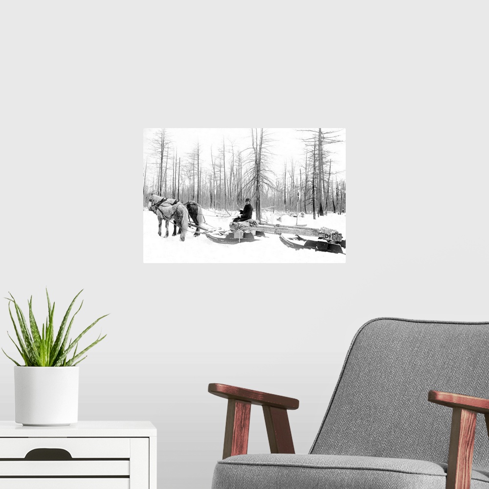 A modern room featuring Michigan, Lumbering. A Lumberjack Logging With Horsedrawn Sled During the Winter In Michigan. Pho...