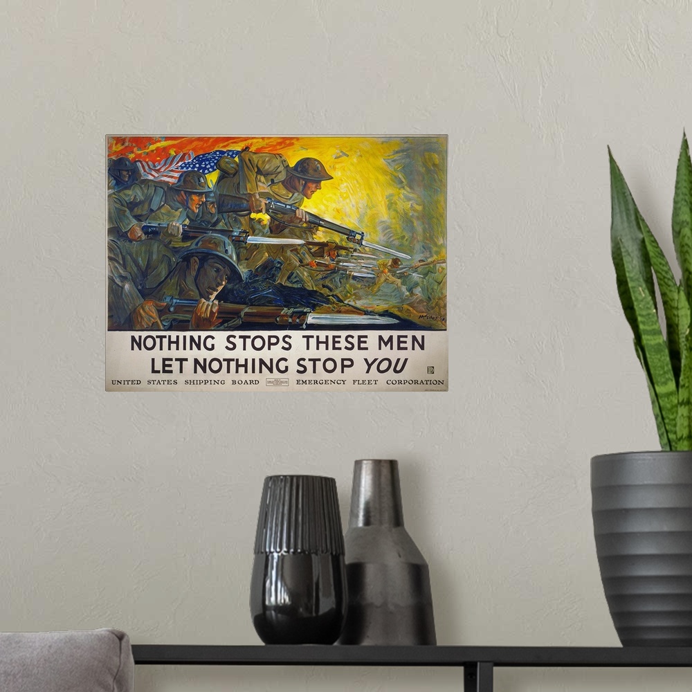 A modern room featuring Poster sponsored by the United States Shipping Board Emergency Fleet Corporation to support Ameri...
