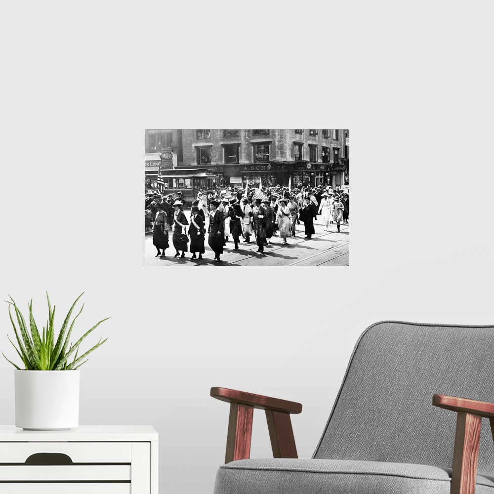 A modern room featuring Suffragettes marching in a Victory Parade in New York, probably celebrating the passing of the 19...