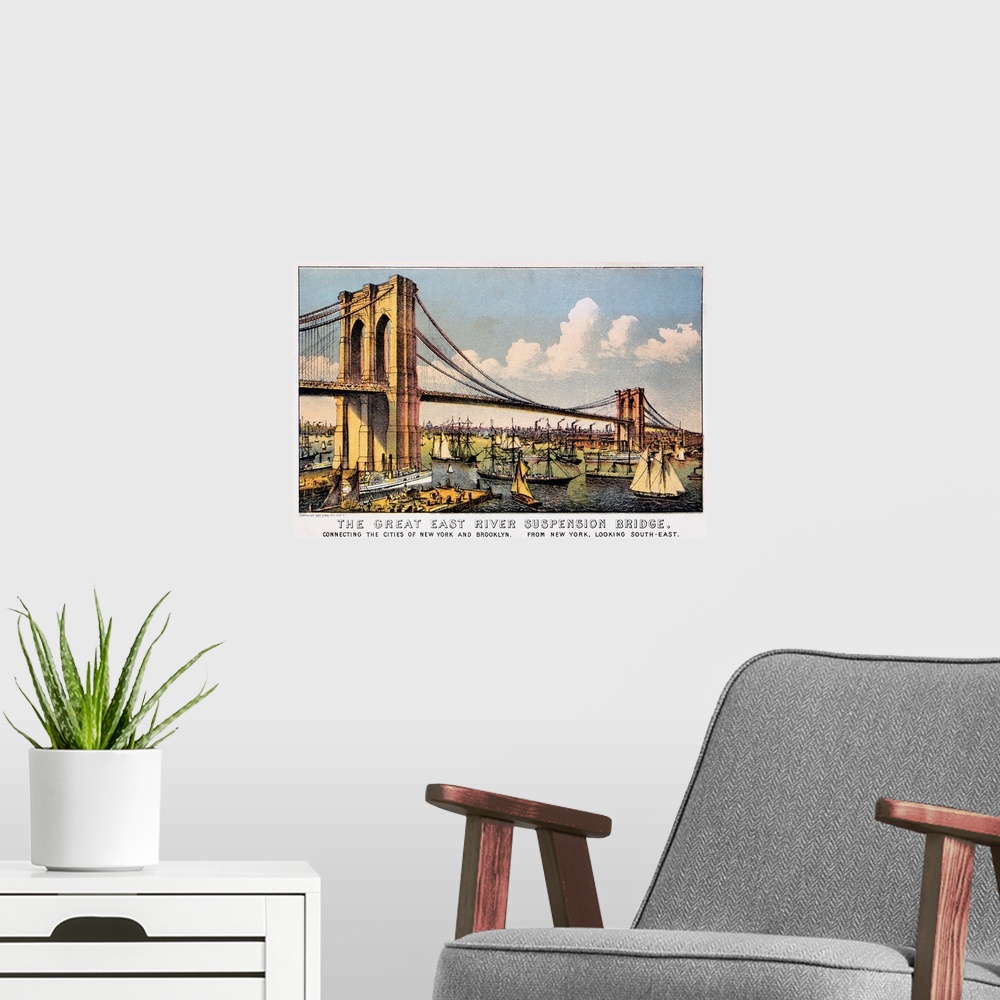 A modern room featuring 'The Great East River Suspension Bridge.' View of the Brooklyn Bridge connecting Manhattan and Br...