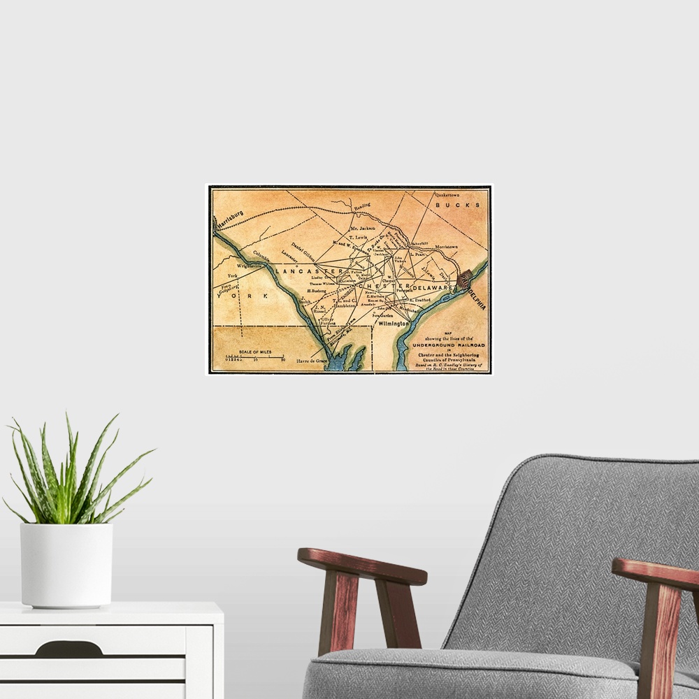 A modern room featuring Underground Railroad Map. Nineteenth-Century Map Showing the Lines Of the Underground Railroad In...