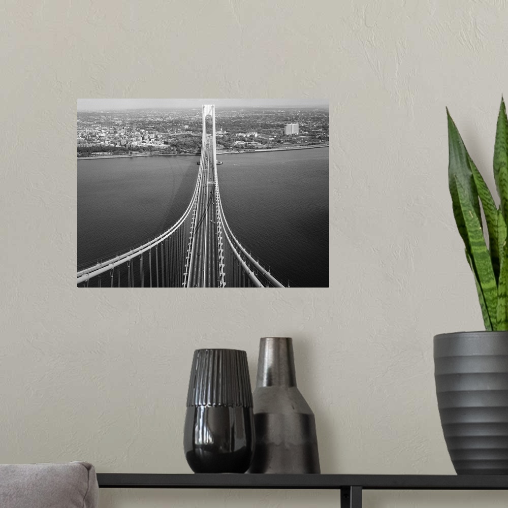 A modern room featuring View of the Verrazzano-Narrows bridge looking north toward Brooklyn from Staten Island, New York ...