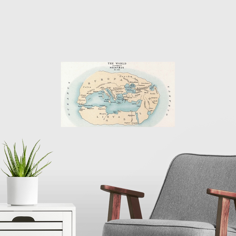 A modern room featuring World Map, 500 B.C. Map Of the World, C500 B.C., According To the Writings Of Hecataeus Of Miletu...