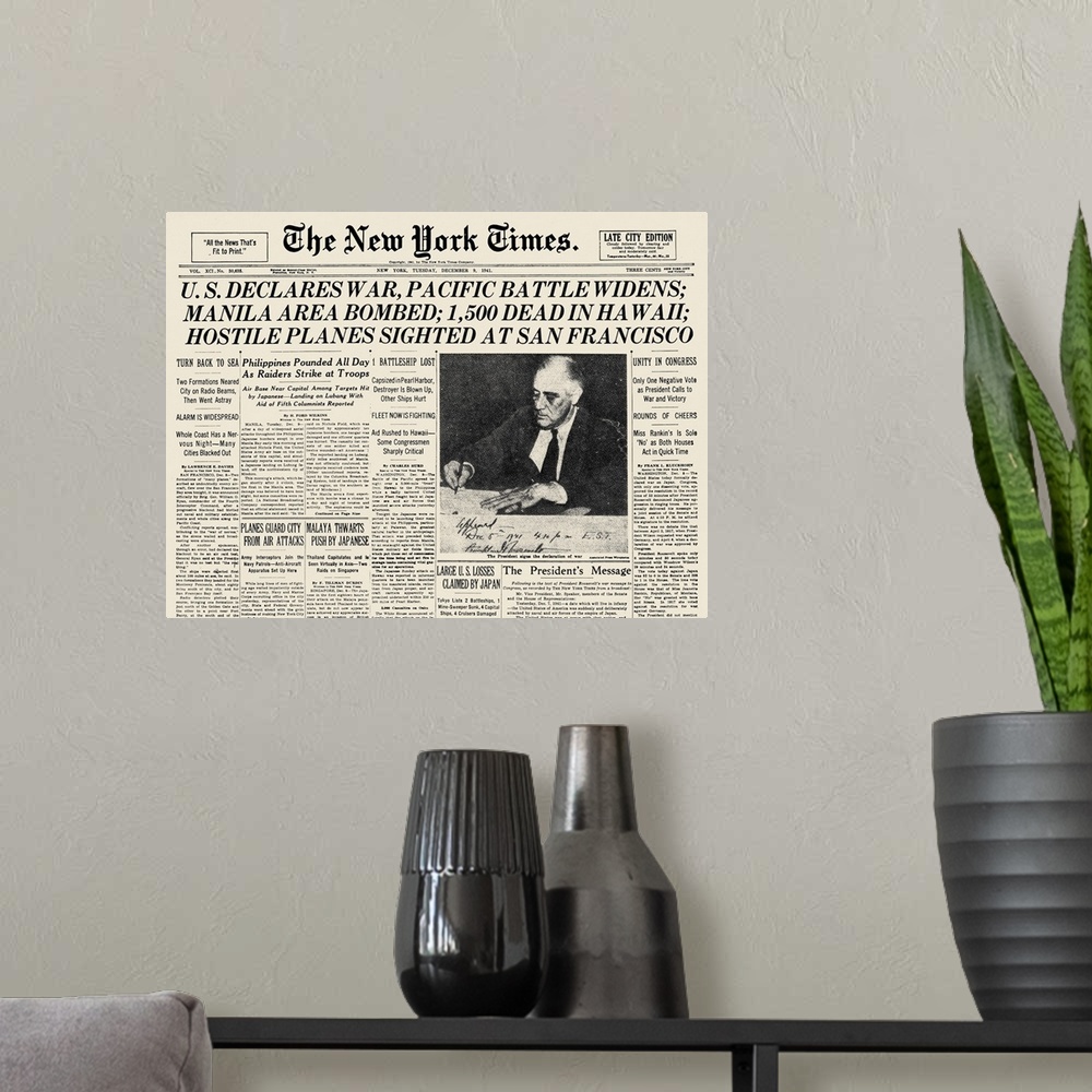 A modern room featuring The front page of 'The New York Times,' 9 December 1941, announcing the United States' declaratio...