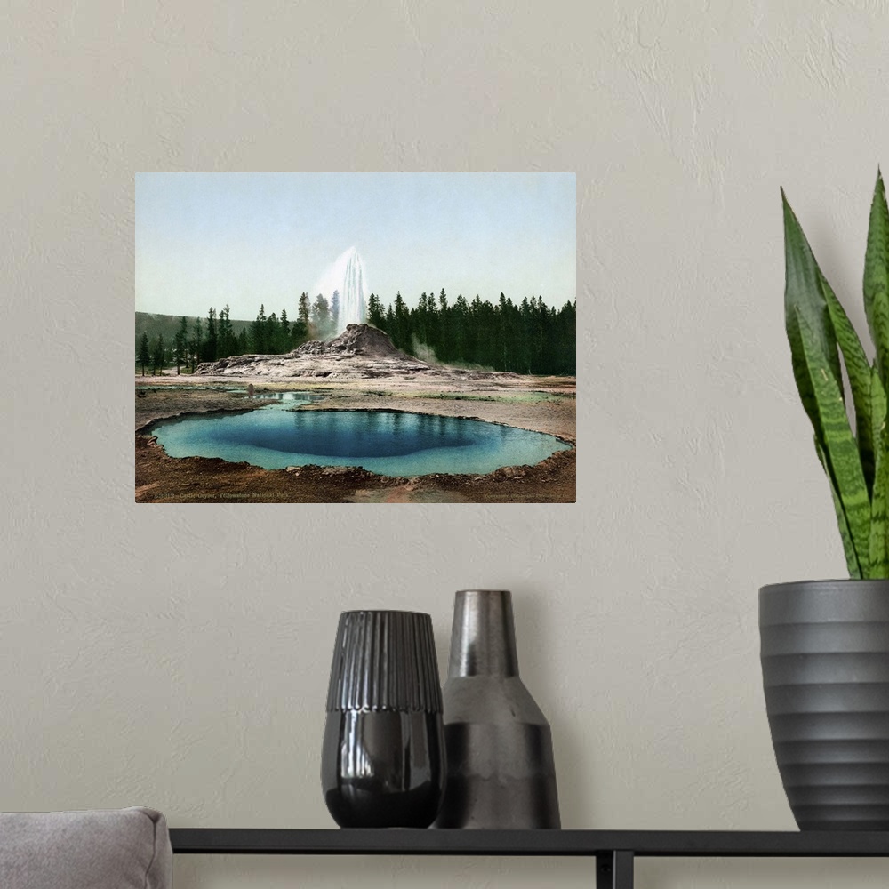 A modern room featuring Yellowstone Park, Geyser. View Of the Sinter Cone Castle Geyser Eruption In Yellowstone National ...