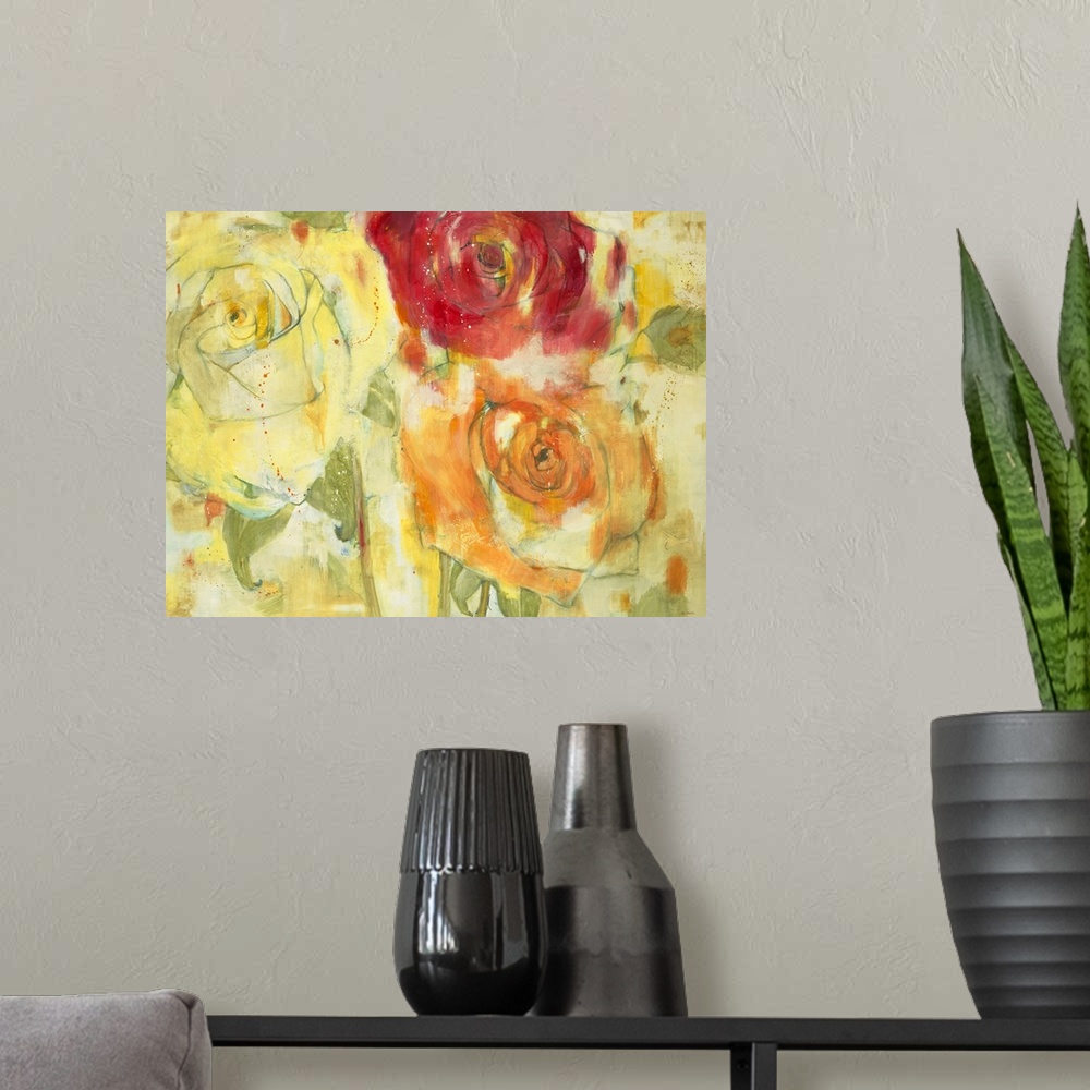 A modern room featuring Contemporary painting of vibrant red orange and yellow flowers close-up.