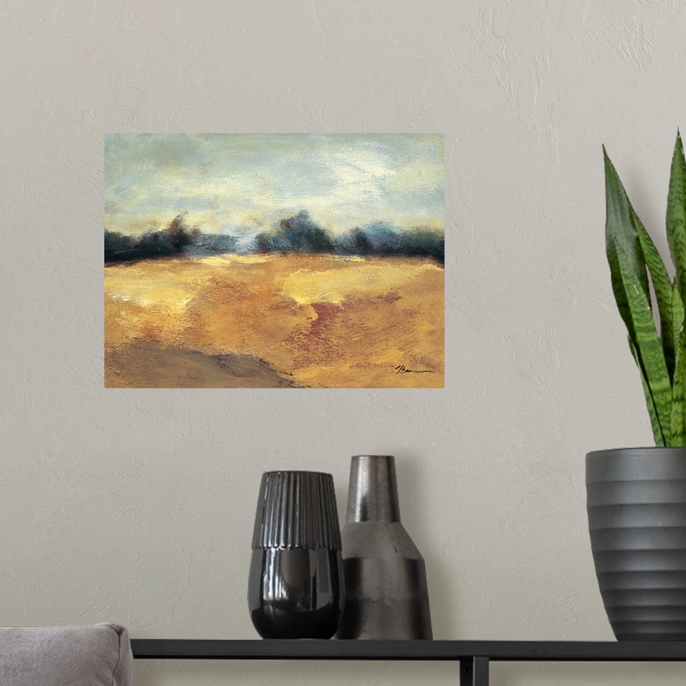 A modern room featuring Contemporary abstract painting resembling a rural landscape.