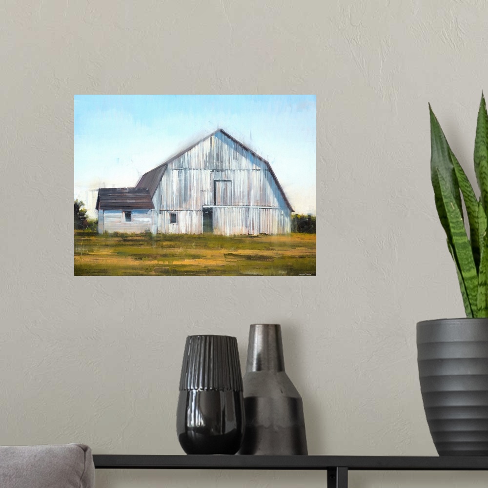 A modern room featuring Contemporary painting of a large white barn with a rustic feel.