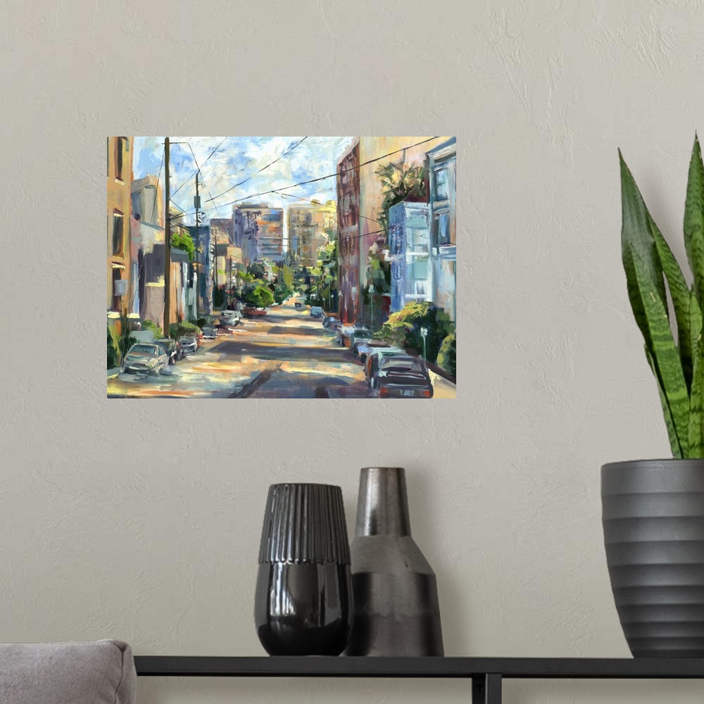A modern room featuring Contemporary painting looking down a city street.