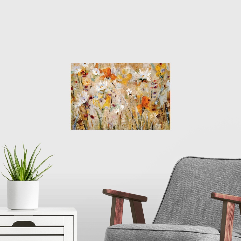 A modern room featuring Close up of impressionistic flowers and stems in a busy horizontal abstract and a vivid color pal...