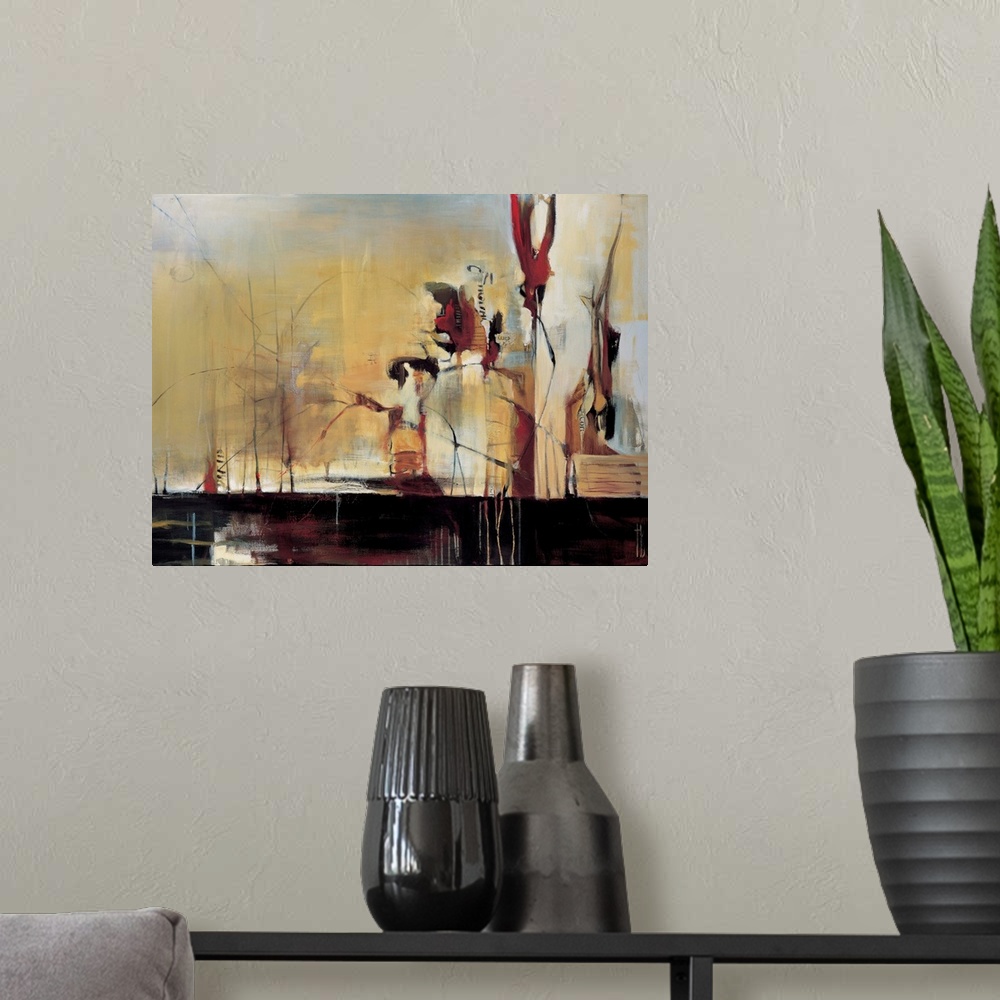 A modern room featuring Contemporary abstract painting using harsh lines and wild strokes of warm tones.