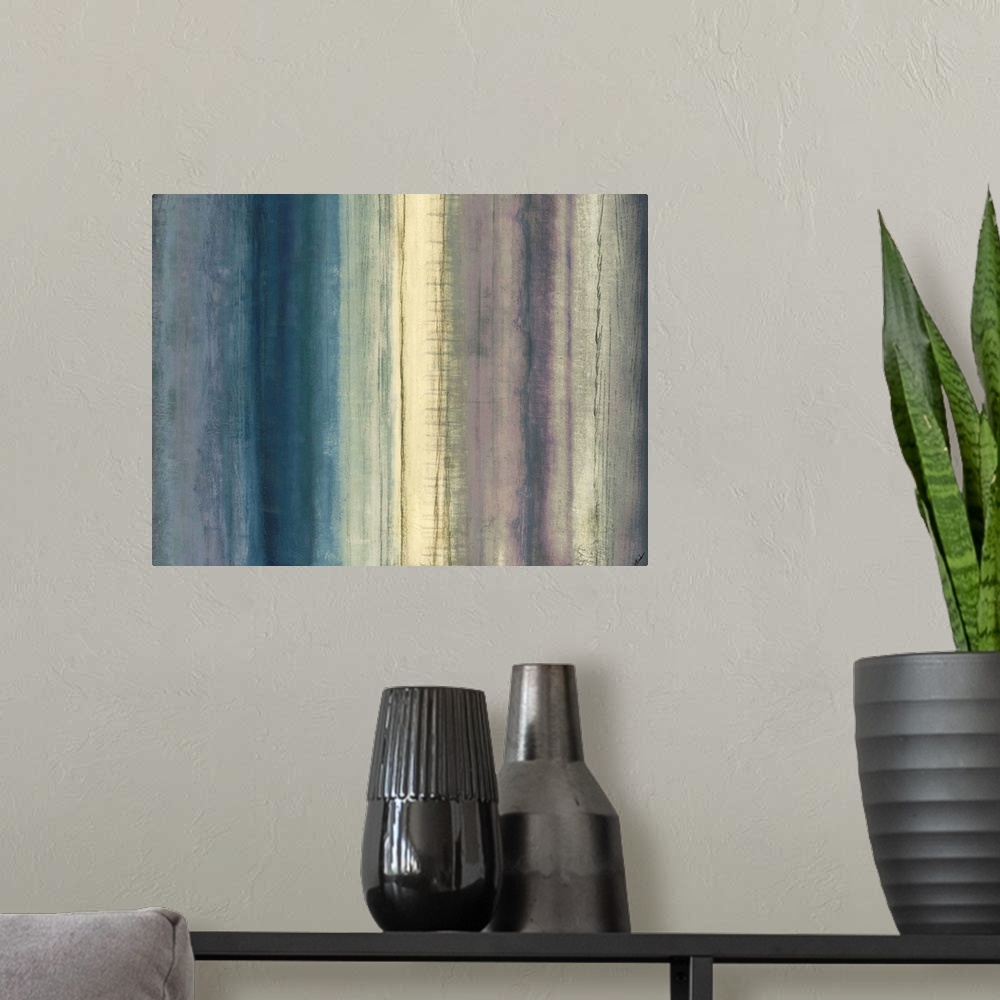A modern room featuring Contemporary abstract painting of muted colors layered in a gradient that goes from left to right...