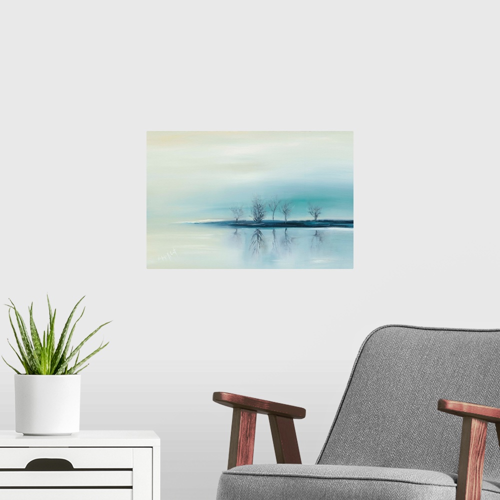 A modern room featuring Contemporary painting with Winter trees reflecting on to an icy landscape.