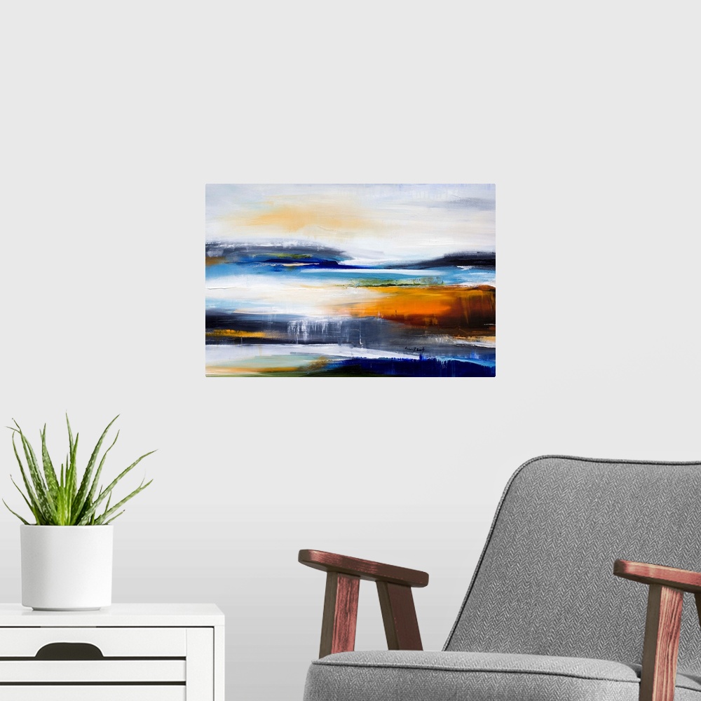 A modern room featuring Contemporary painting of an abstract interpretation of a sunset at a lake.