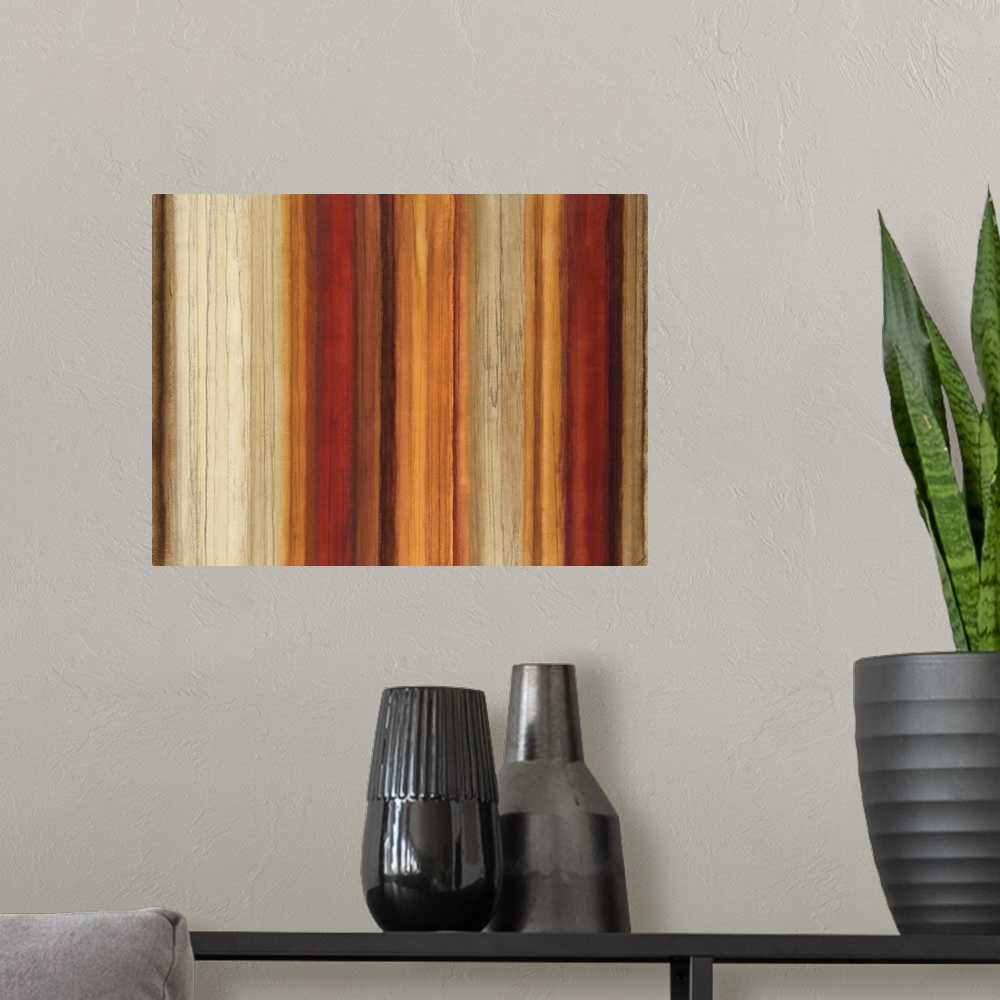 A modern room featuring Landscape, large abstract artwork for a living room or office of vertical stripes in varying thic...