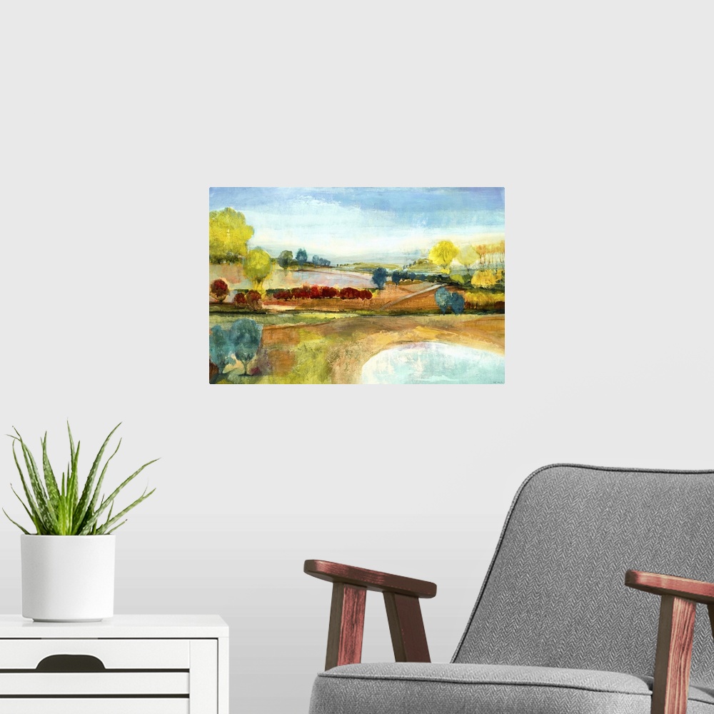 A modern room featuring Contemporary landscape painting looking out rolling countryside.