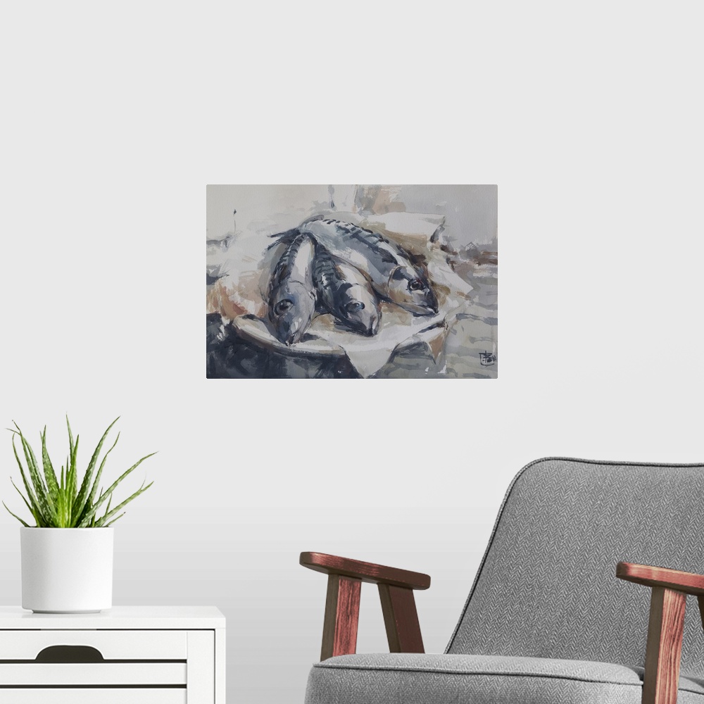 A modern room featuring Mackerels in monochromatic blues sit restfully on a plate in this still life artwork.