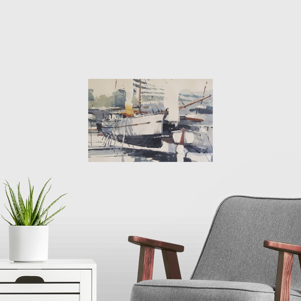 A modern room featuring Soft watercolor brush strokes with pops of red create a scene of yachts and boats in an imaginary...