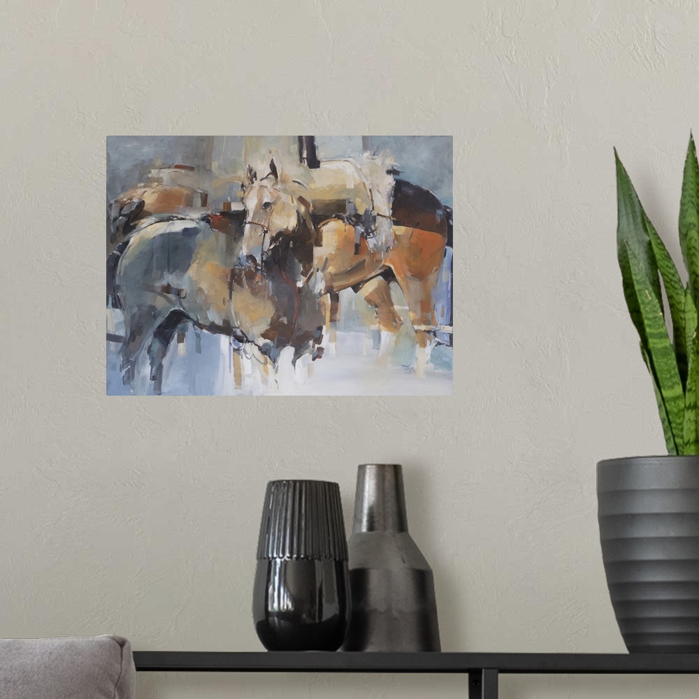 A modern room featuring This contemporary artwork features a quiet moment of horses after battle using a complementary pa...