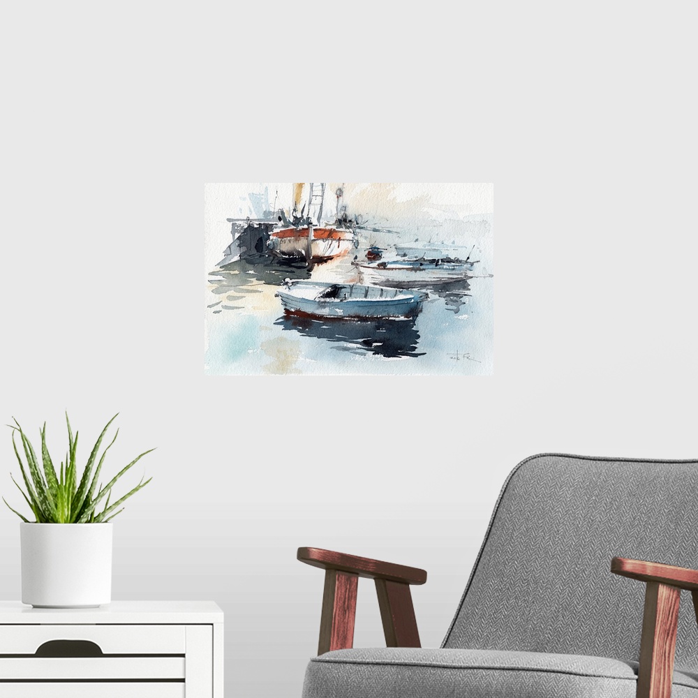 A modern room featuring This pensive artwork of small fishing boats in a harbor features earthy tones and static brush st...