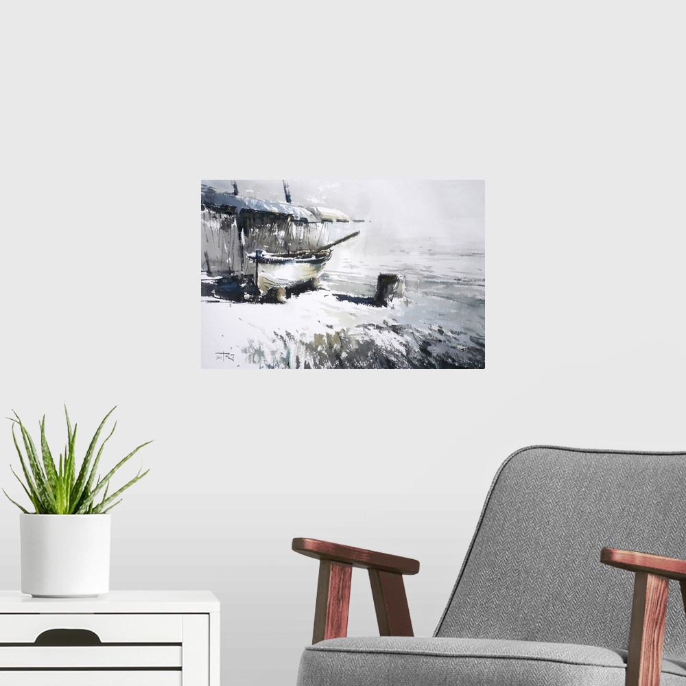 A modern room featuring This contemporary artwork highlights snow covered surfaces near an old boat under a shed.