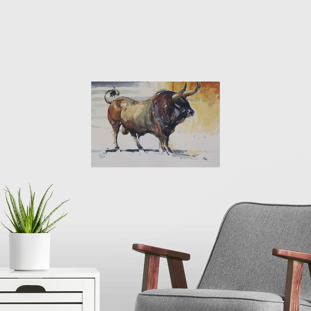 A modern room featuring This contemporary artwork illustrates the strength of a bull using impressionistic brush strokes ...