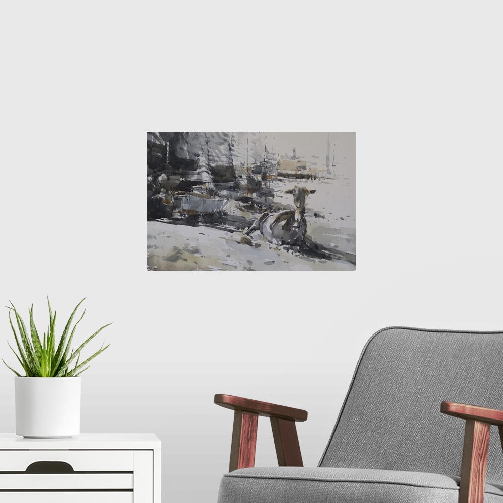 A modern room featuring Caught up in the middle of restless marina, a lone goat with sea legs lies in the sand in this co...