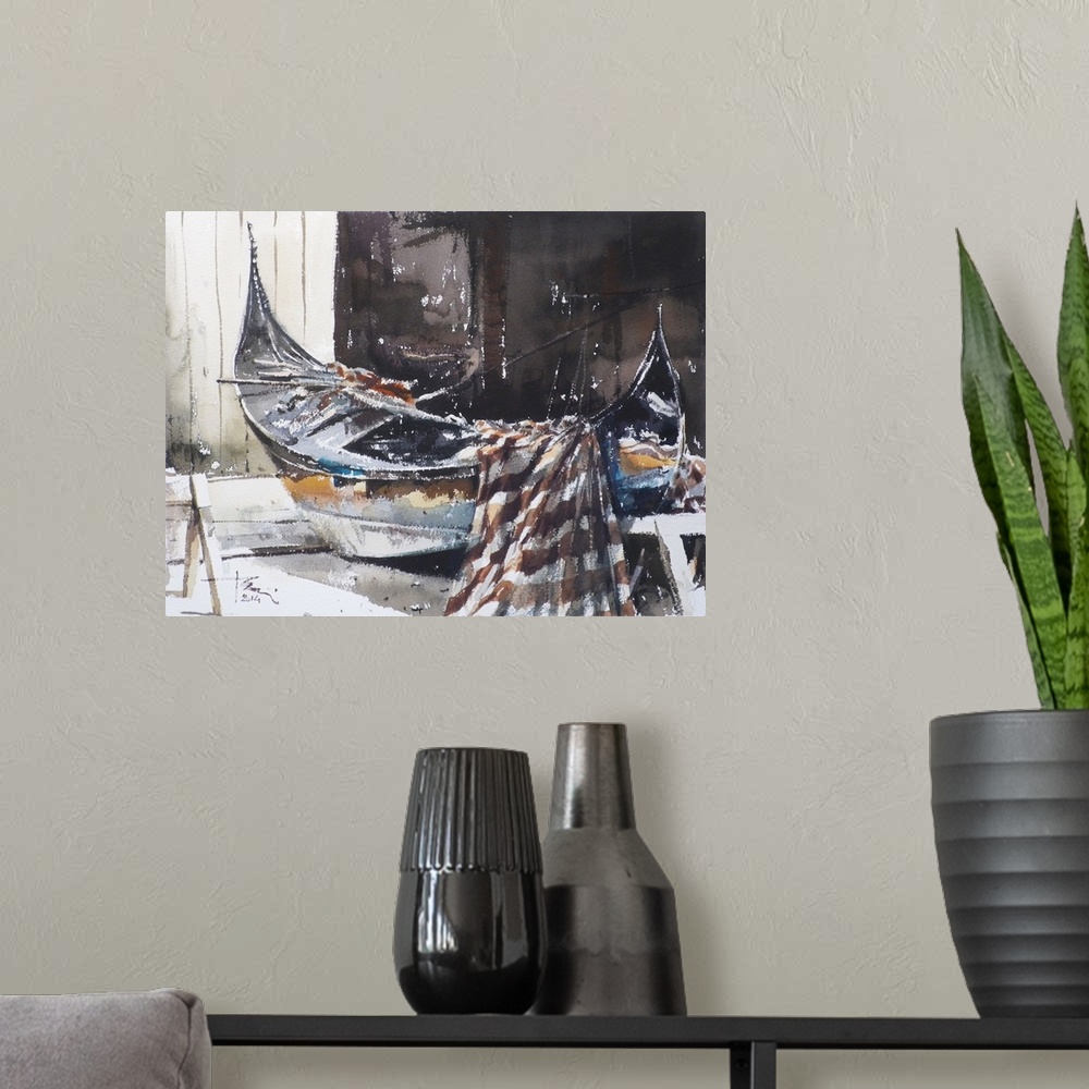 A modern room featuring This contemporary artwork features dry watercolor brush stokes to illustrate a gondola in a repai...