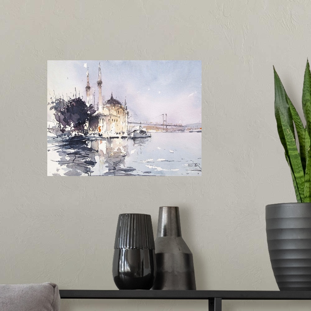 A modern room featuring Gestural brush strokes of muted watercolors illustrate a unique waterfront view with Bosphorus br...