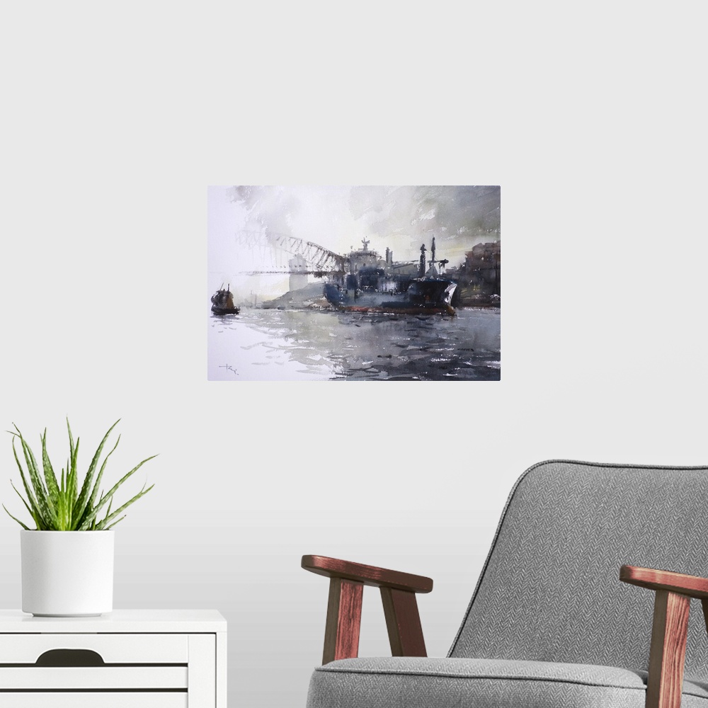 A modern room featuring This contemporary artwork uses moody grays and rustling watercolor brush strokes to illustrate a ...