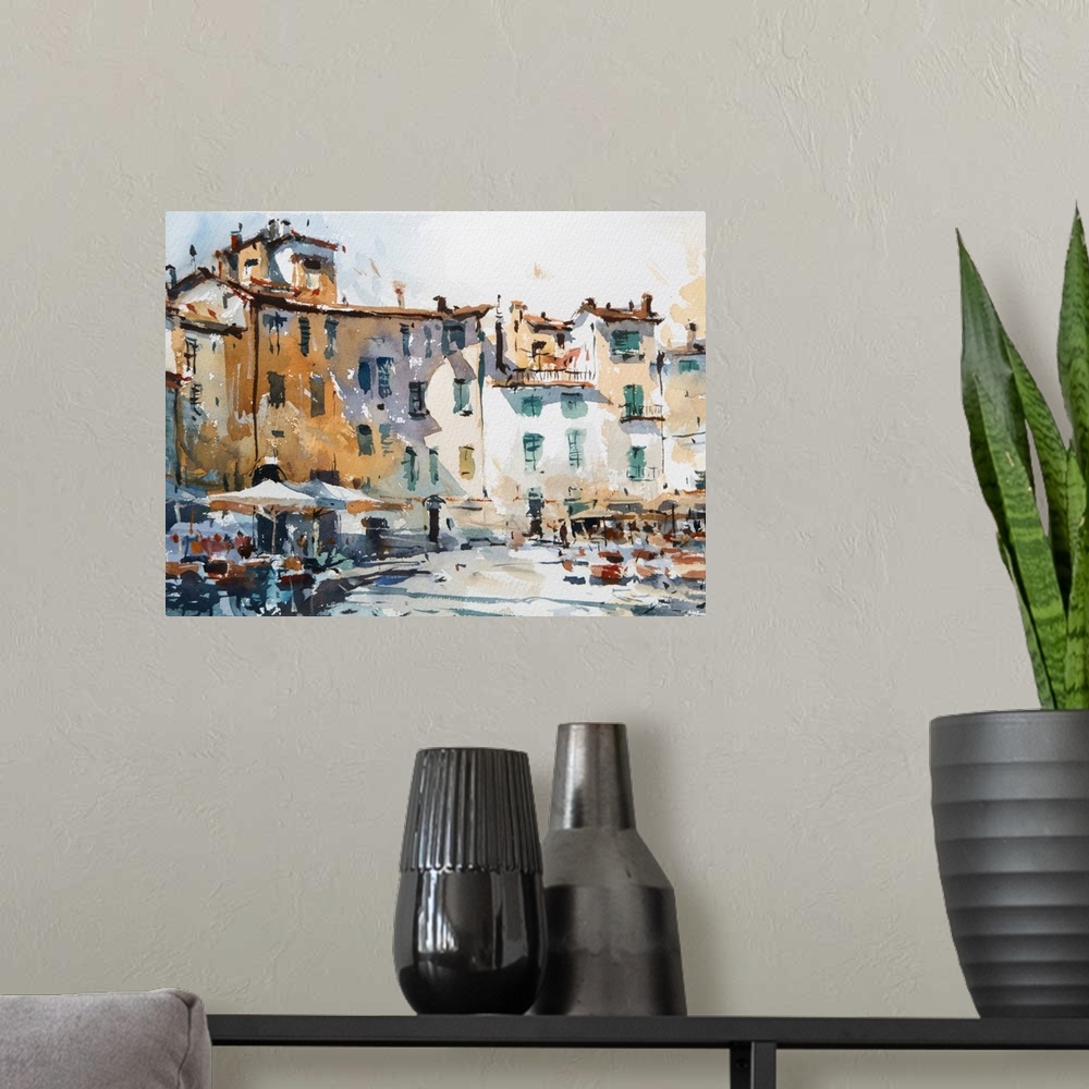 A modern room featuring A warm, sketchy transitional watercolor of a sunny town square in Italy with cafe umbrellas