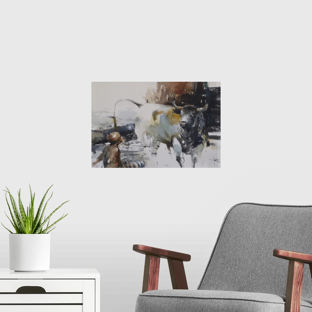 A modern room featuring This contemporary artwork features an invented moment between a man and bull inside Louvre Museum...