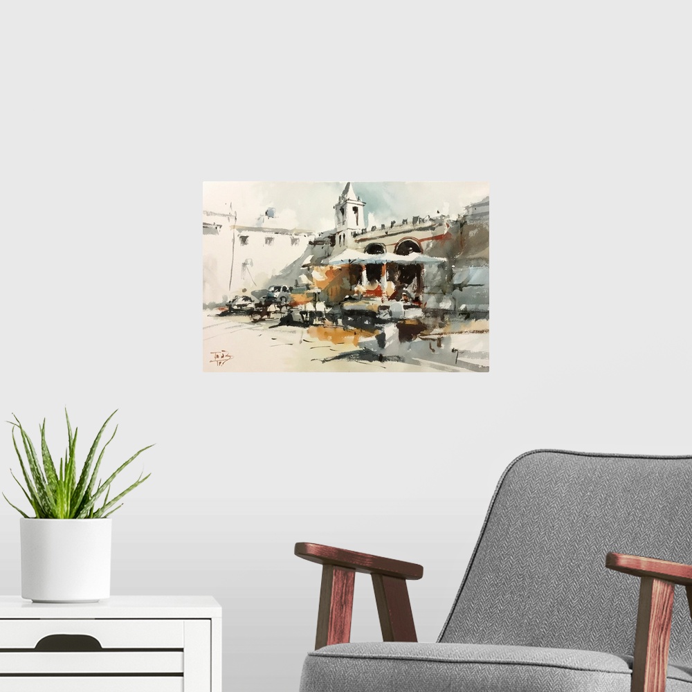 A modern room featuring This contemporary artwork is a quick watercolor sketch of one of many Roman squares in Italy.