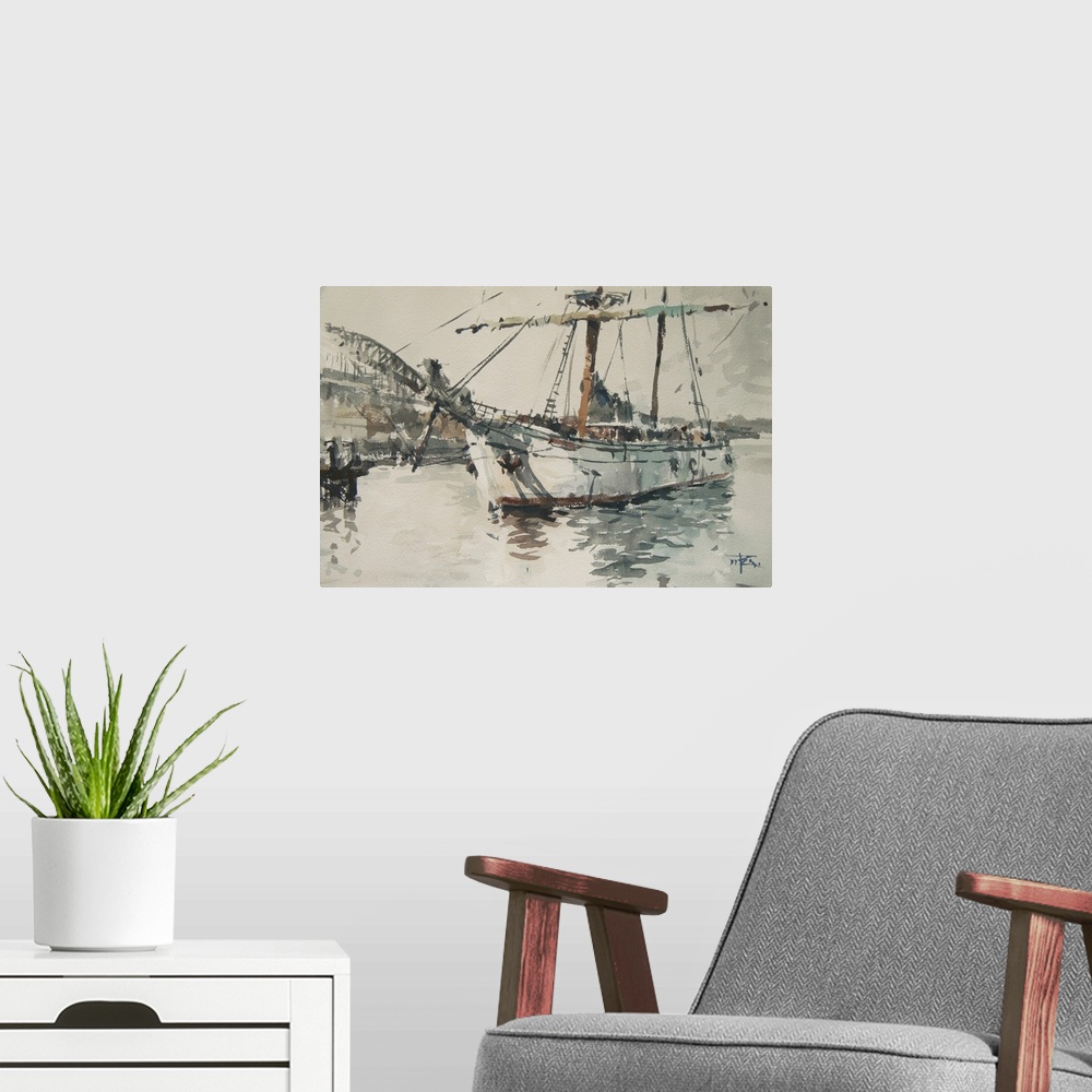 A modern room featuring Gestural brush strokes of muted watercolors create a hazy moody landscape of a tall ship in Sydne...