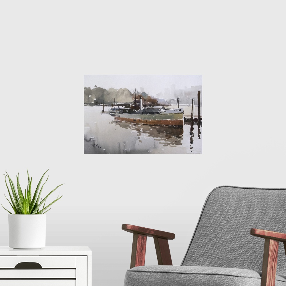 A modern room featuring This pensive artwork features earthy tones with static brush strokes that create an old barge on ...
