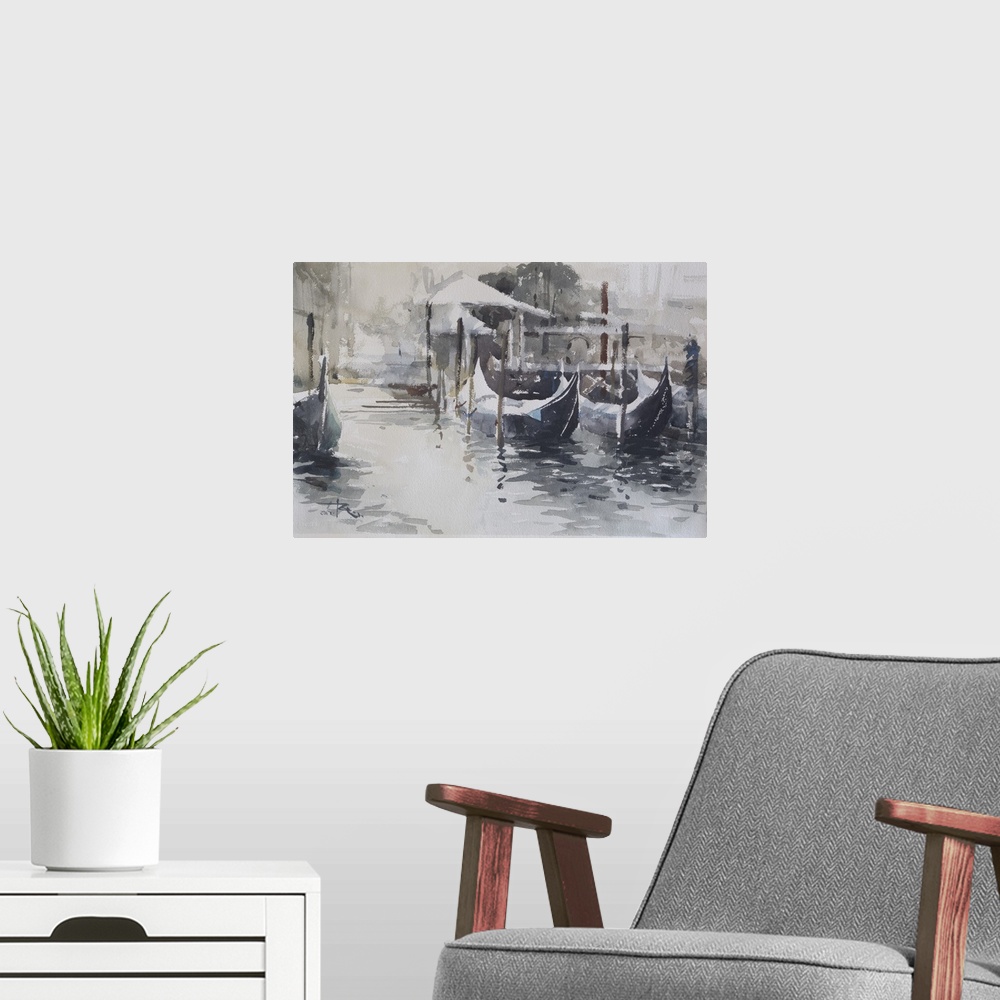 A modern room featuring This contemporary artwork highlights snow covered surfaces of gondolas in a cold and damp Venice ...
