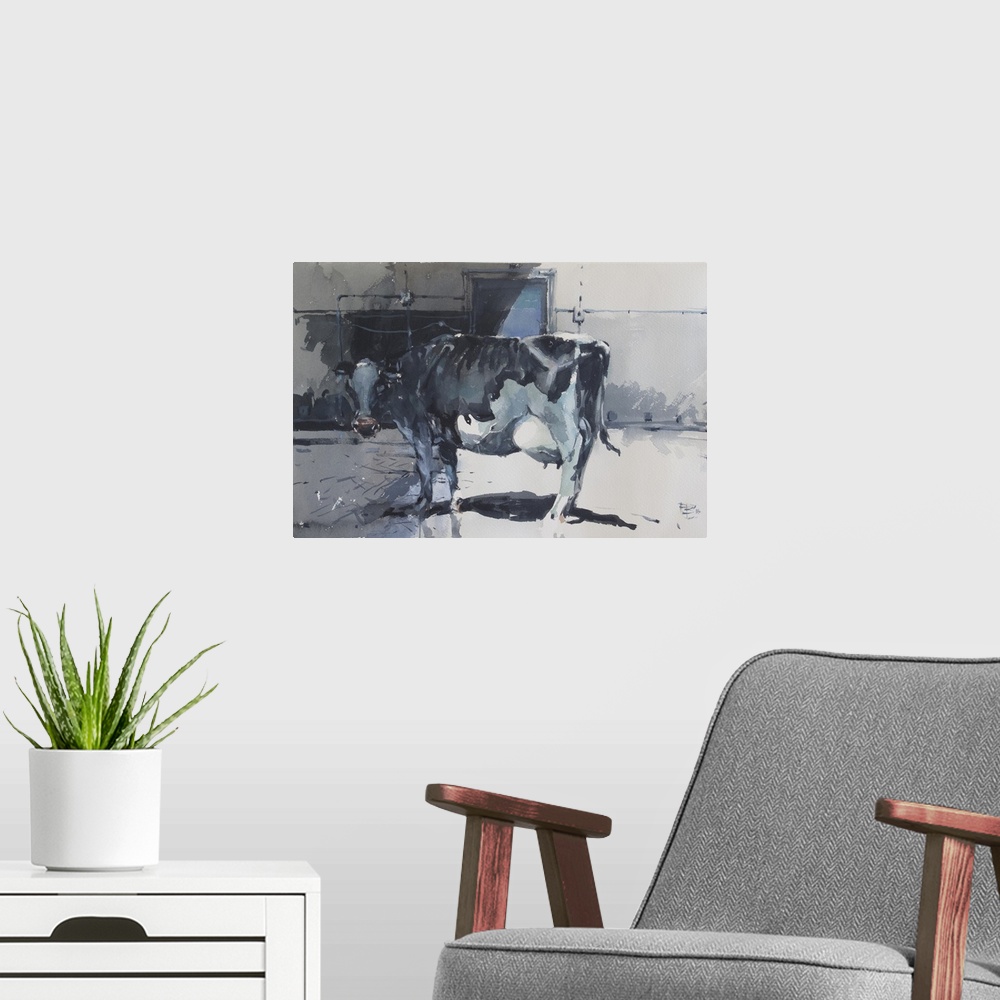 A modern room featuring Full of soul and gentle nature, this contemporary artwork illustrates emotion of a cow with dark ...
