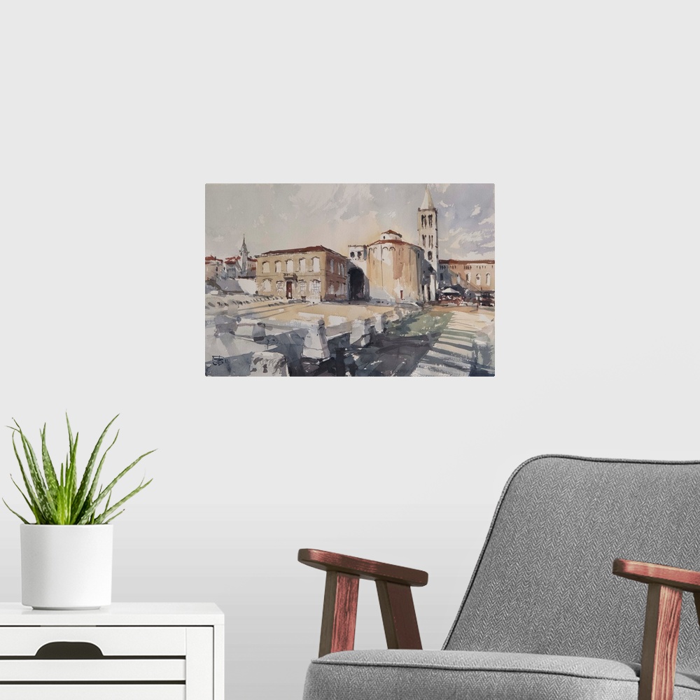 A modern room featuring A watercolor artwork showing an old Croatian town of Zadar with Roman ruins in the foreground.