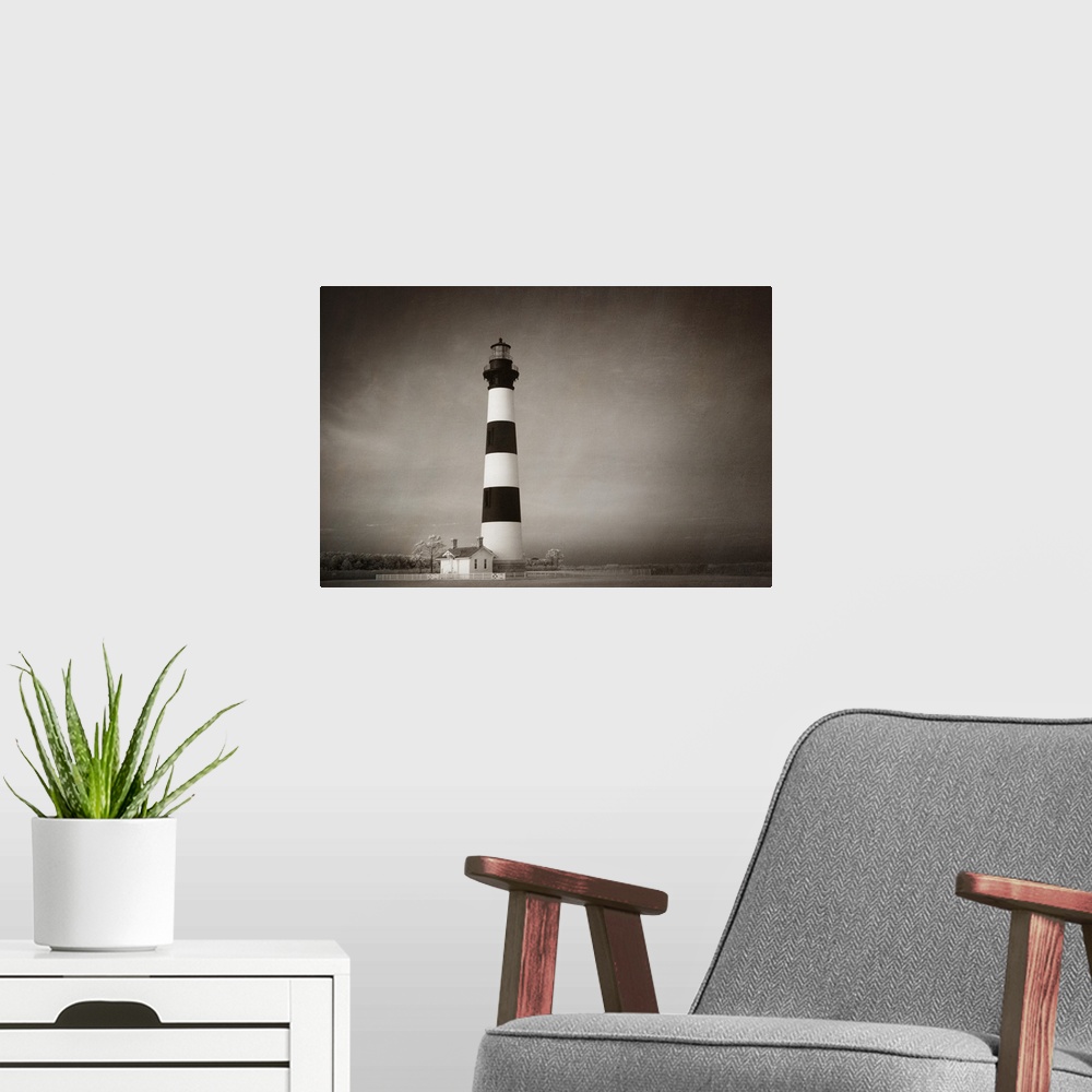 A modern room featuring Black and white striped Bodie Island Lighthouse on the Outer Banks, North Carolina.
